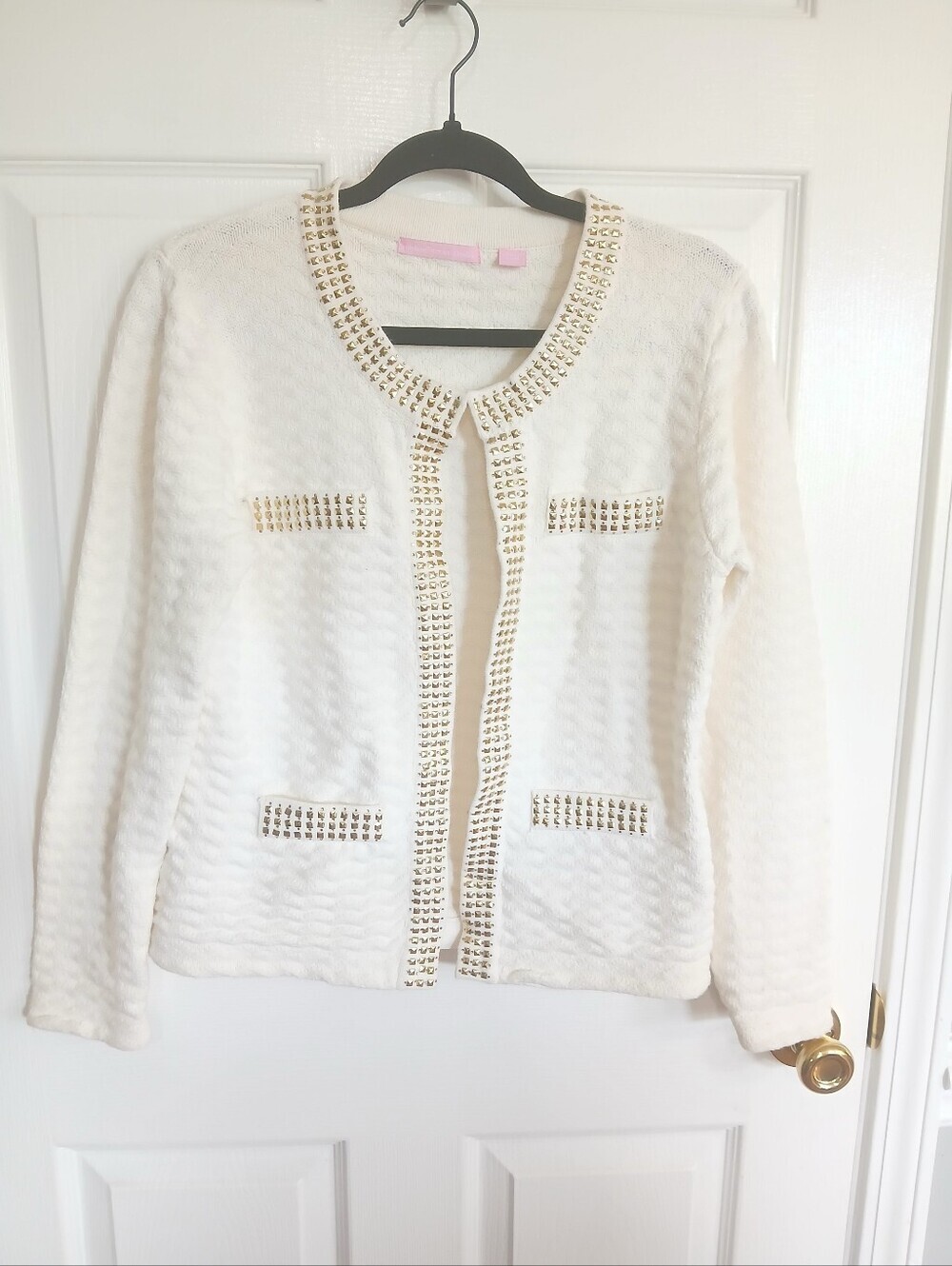 Michael Simon Studio Stud-Trim White Textured Cardigan Career Artsy Chic Classic